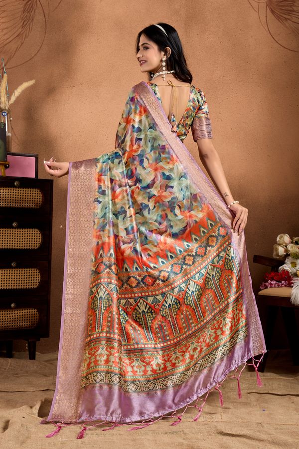 Multicolor Printed Linen Cotton Saree with Woven Border