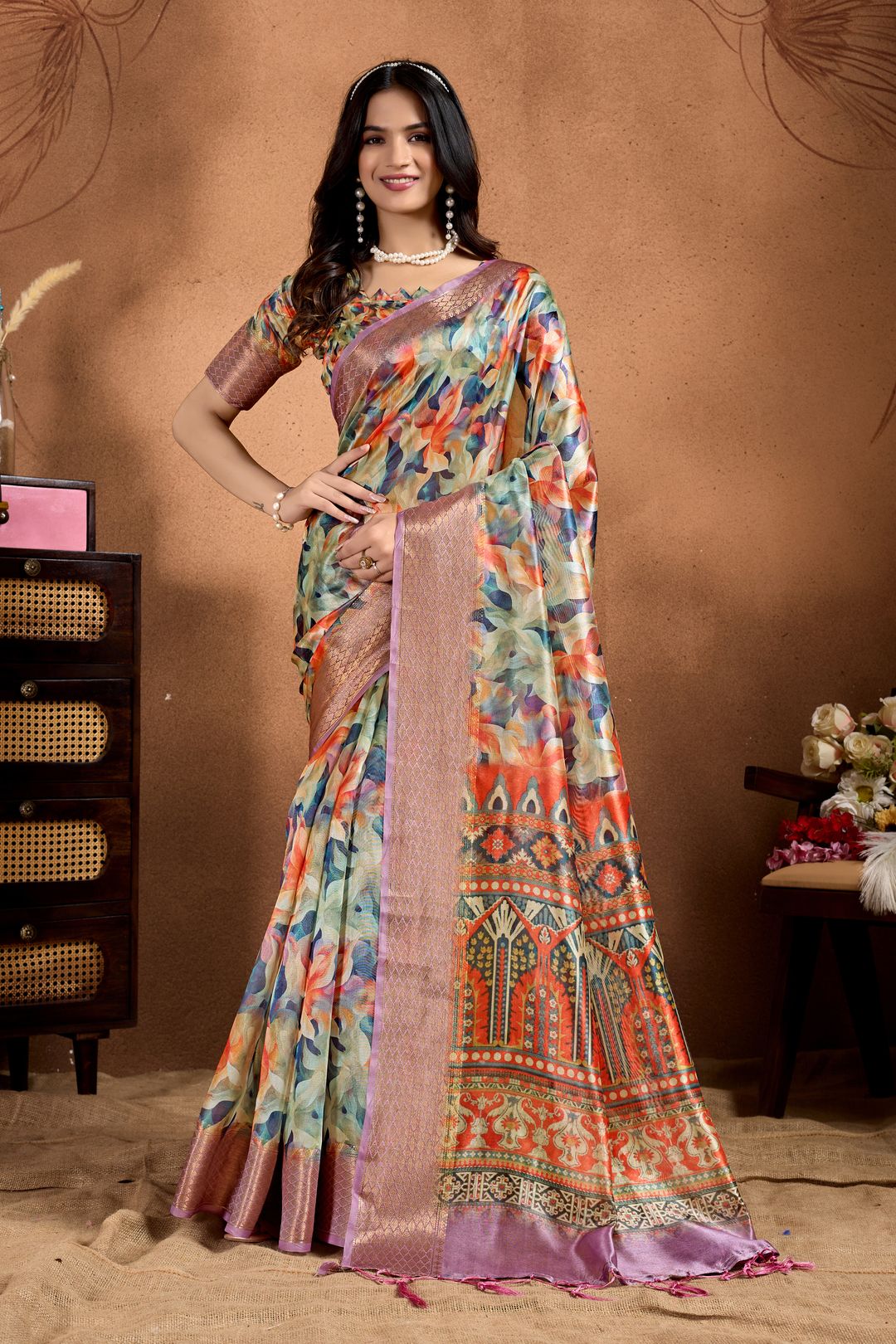 Multicolor Printed Linen Cotton Saree with Woven Border