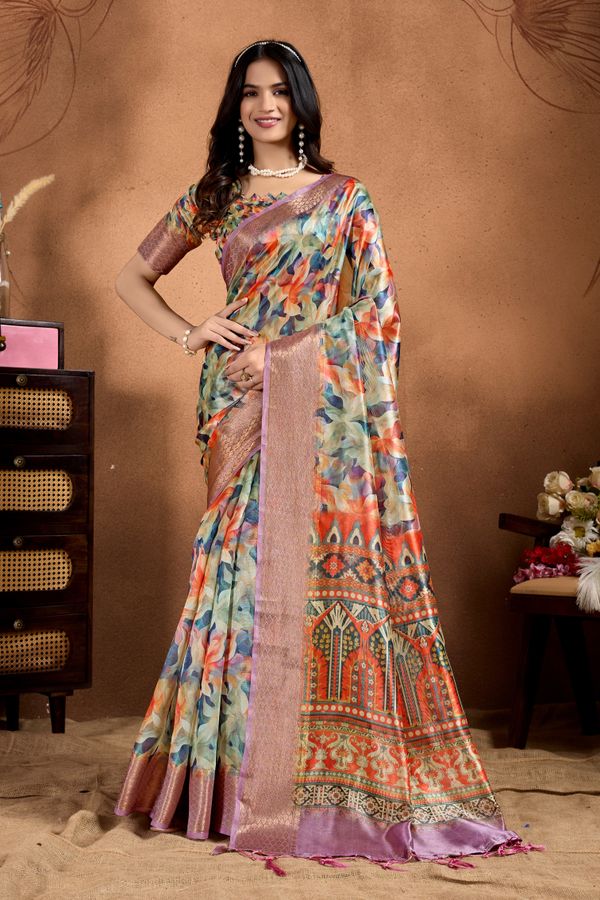 Multicolor Printed Linen Cotton Saree with Woven Border