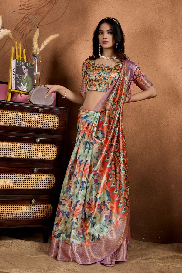 Multicolor Printed Linen Cotton Saree with Woven Border