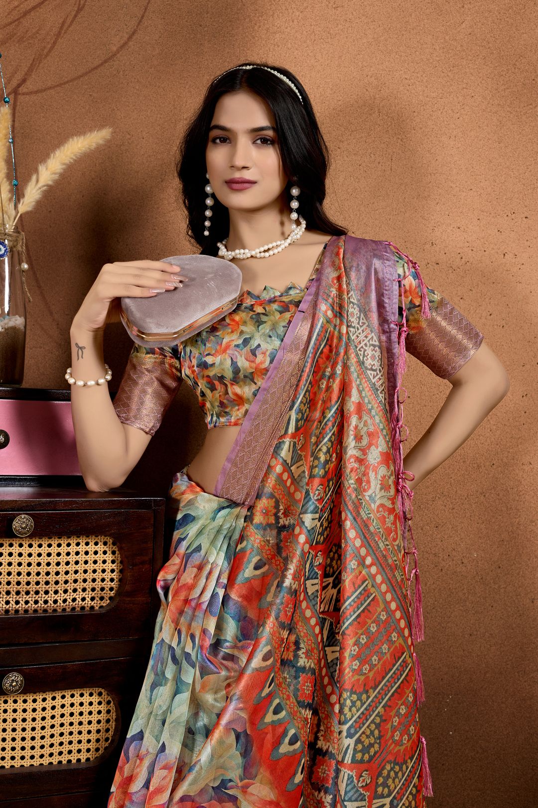 Multicolor Printed Linen Cotton Saree with Woven Border