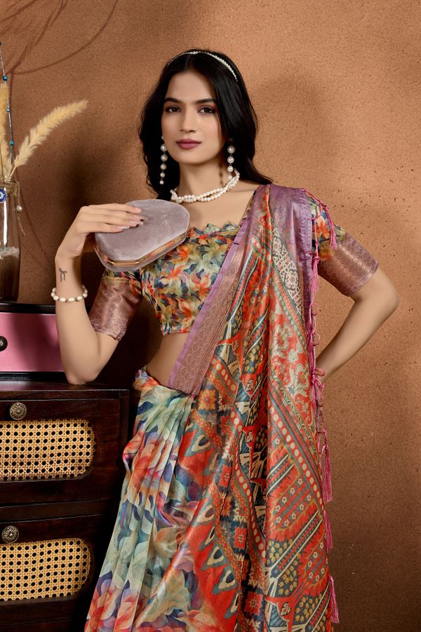 Multicolor Printed Linen Cotton Saree with Woven Border