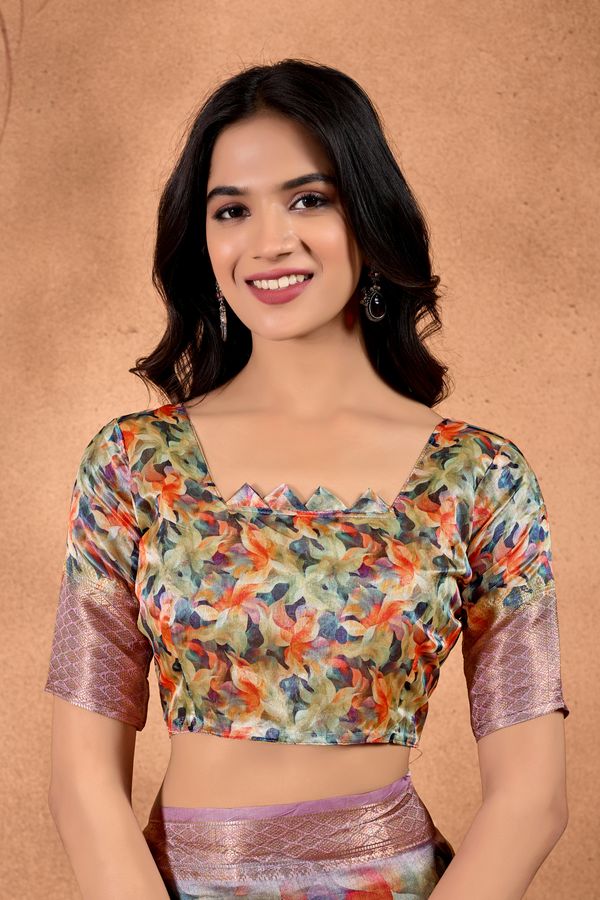 Multicolor Printed Linen Cotton Saree with Woven Border