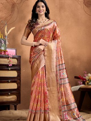 Peach Linen Cotton Saree with Multicolor Geometric Print