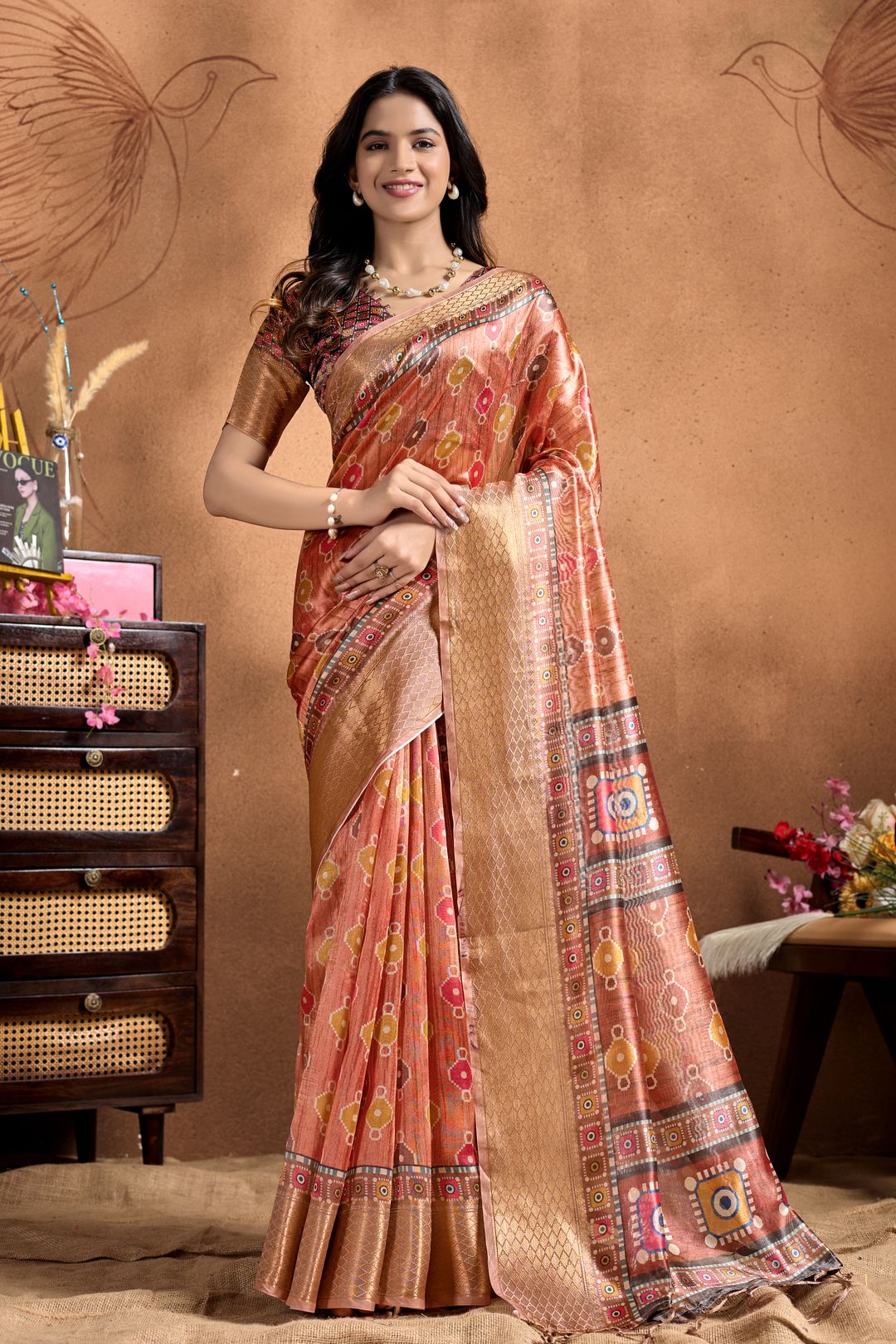 Peach Linen Cotton Saree with Multicolor Geometric Print