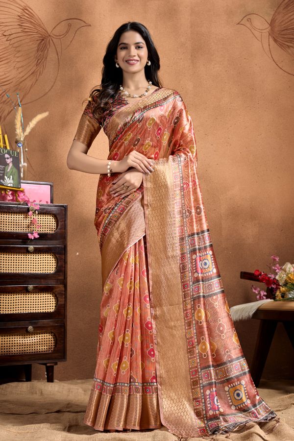 Peach Linen Cotton Saree with Multicolor Geometric Print