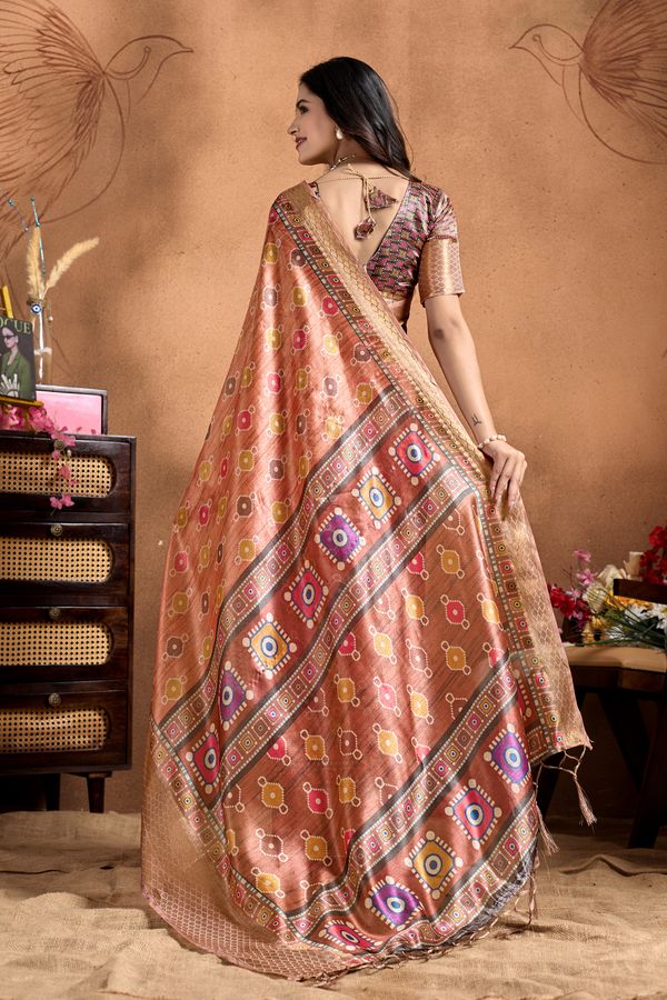 Peach Linen Cotton Saree with Multicolor Geometric Print