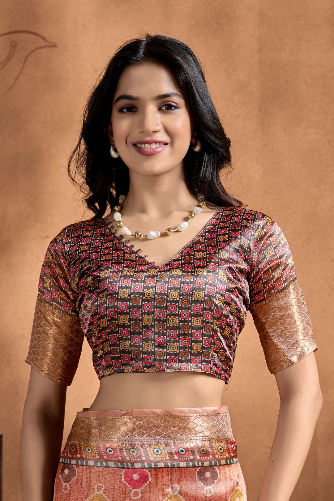 Peach Linen Cotton Saree with Multicolor Geometric Print
