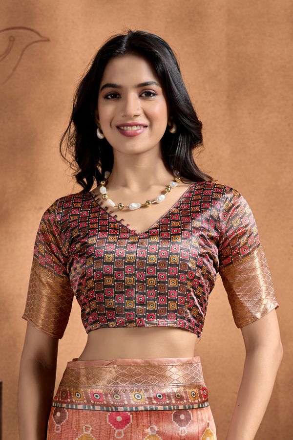 Peach Linen Cotton Saree with Multicolor Geometric Print