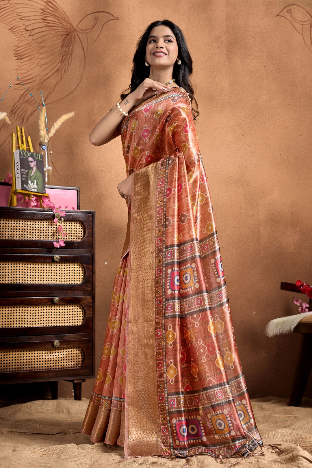 Peach Linen Cotton Saree with Multicolor Geometric Print