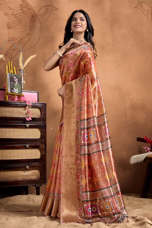 Peach Linen Cotton Saree with Multicolor Geometric Print