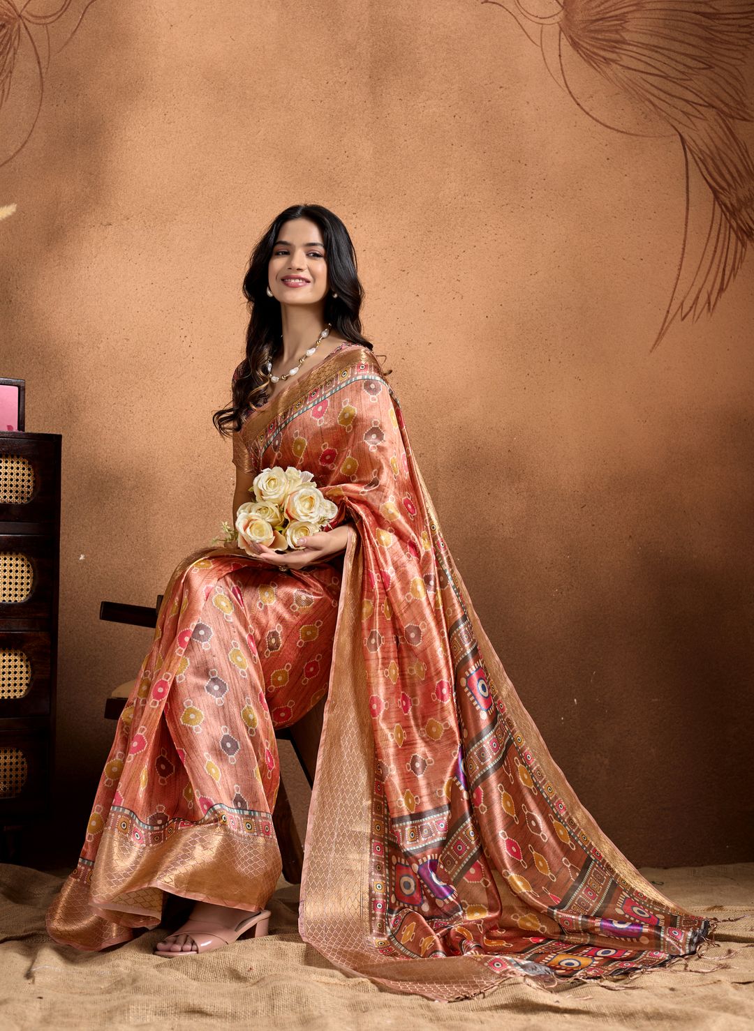 Peach Linen Cotton Saree with Multicolor Geometric Print