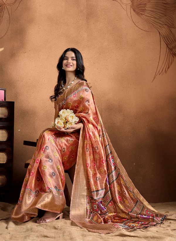 Peach Linen Cotton Saree with Multicolor Geometric Print