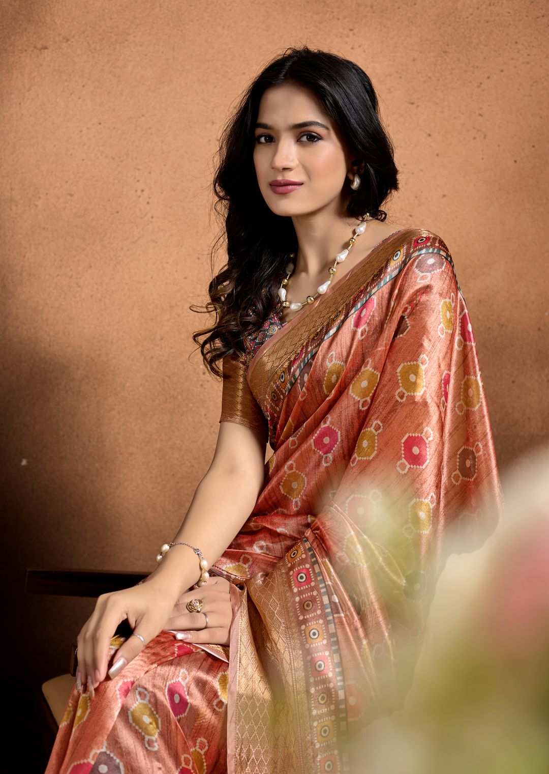 Peach Linen Cotton Saree with Multicolor Geometric Print