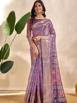 Lavender Linen Cotton Saree with Multicolor Geometric Motifs