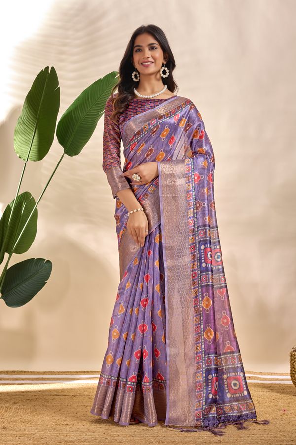 Lavender Linen Cotton Saree with Multicolor Geometric Motifs