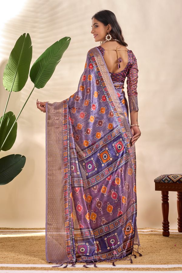 Lavender Linen Cotton Saree with Multicolor Geometric Motifs