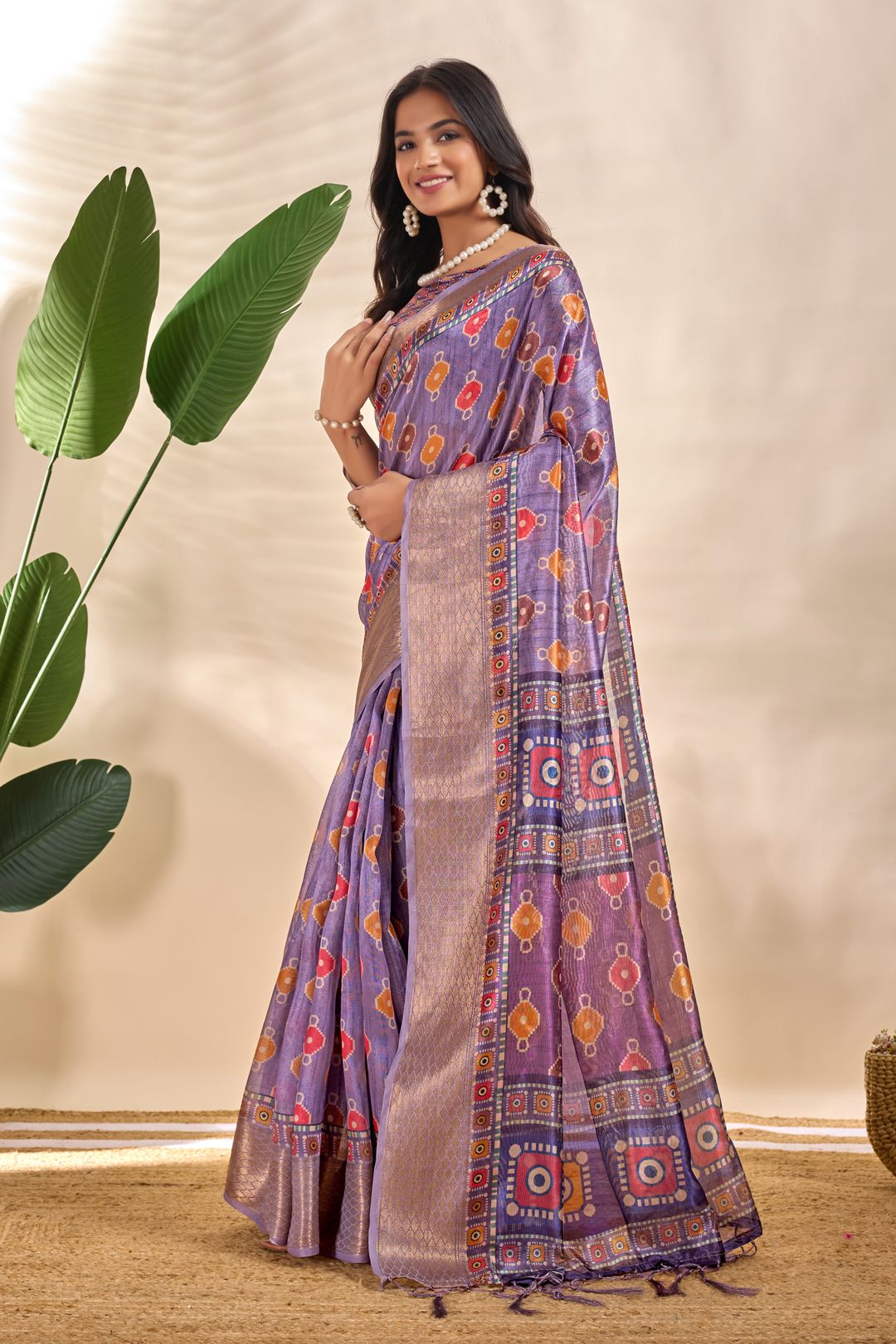 Lavender Linen Cotton Saree with Multicolor Geometric Motifs
