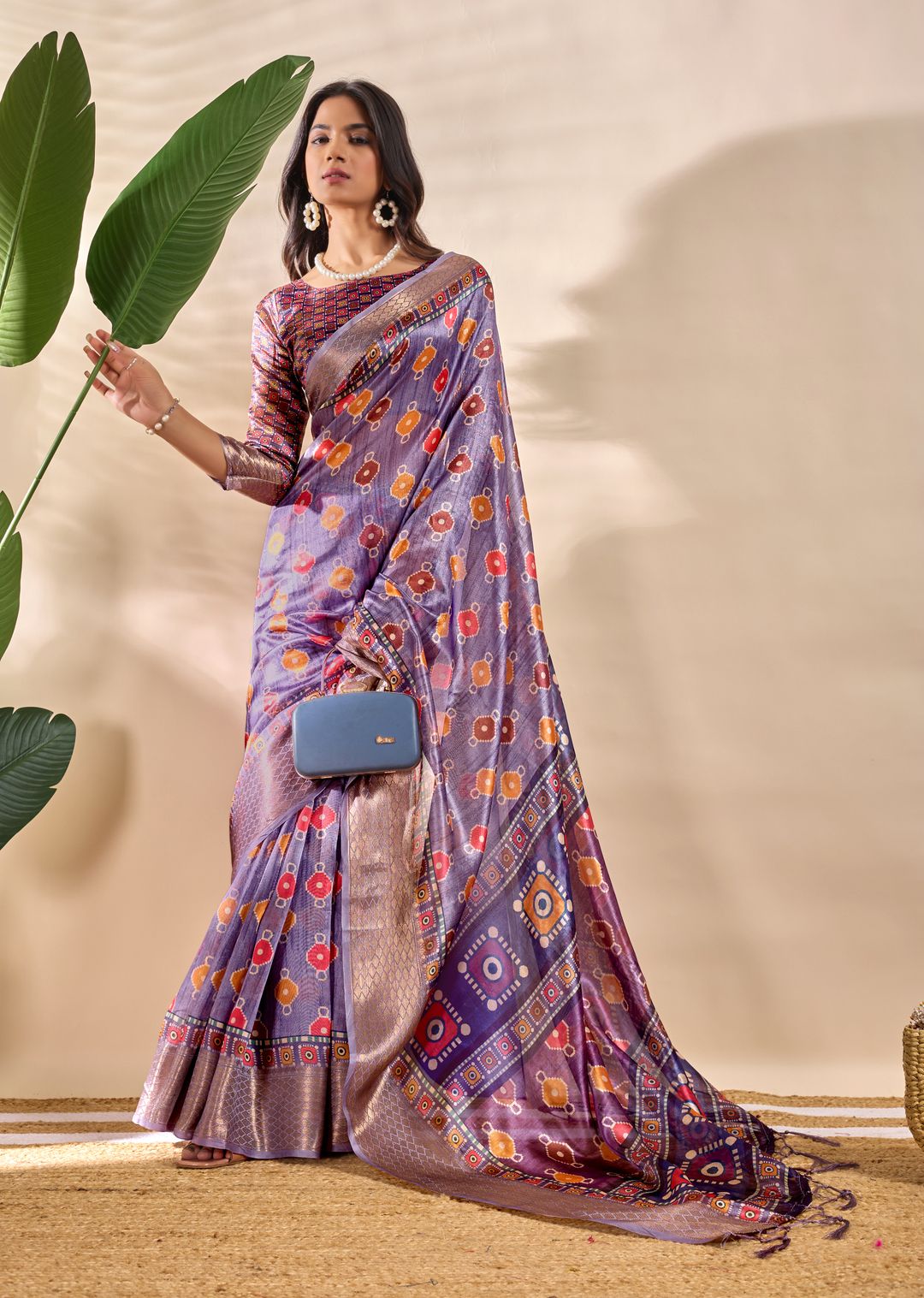 Lavender Linen Cotton Saree with Multicolor Geometric Motifs