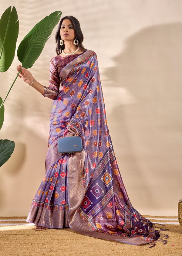Lavender Linen Cotton Saree with Multicolor Geometric Motifs