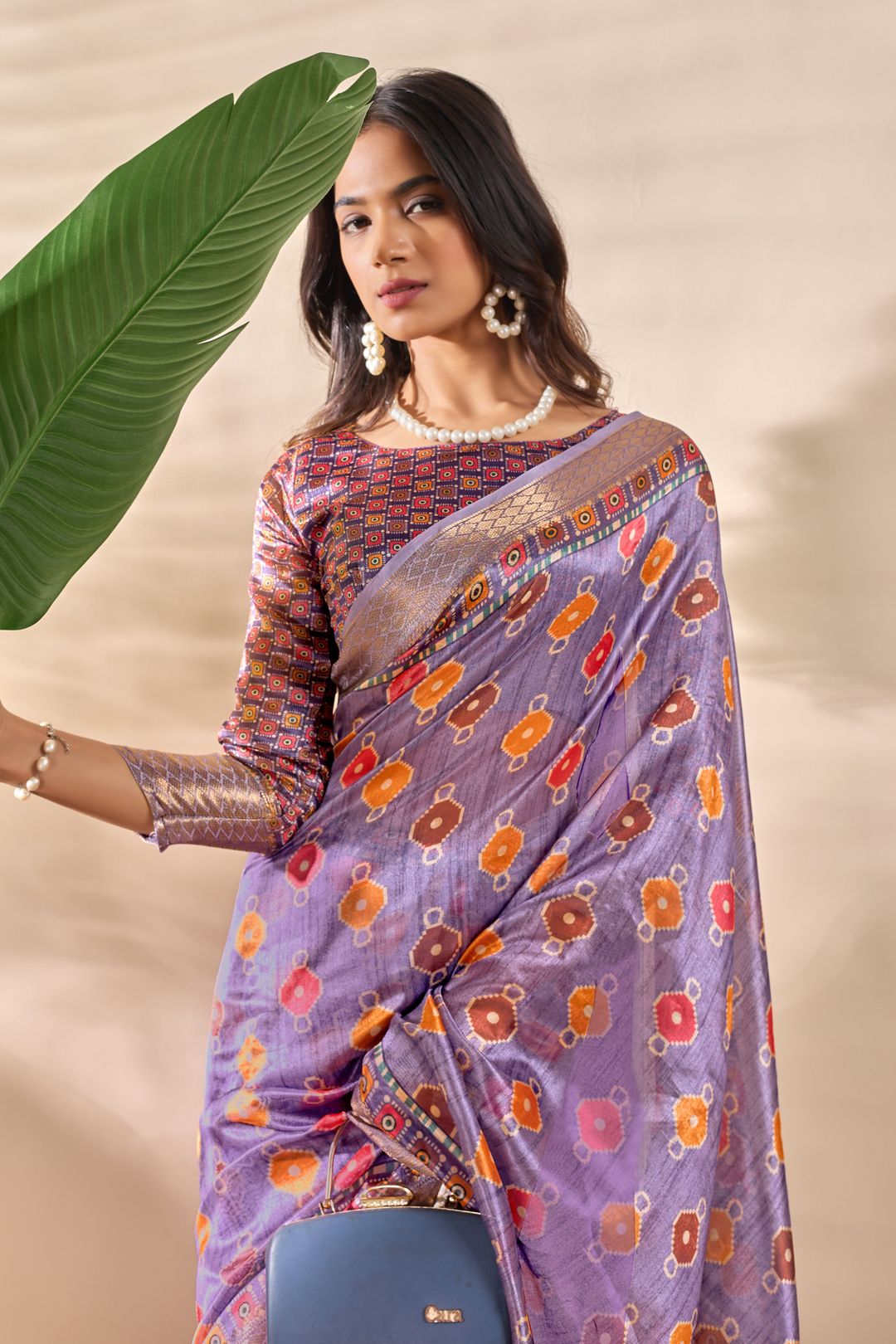 Lavender Linen Cotton Saree with Multicolor Geometric Motifs
