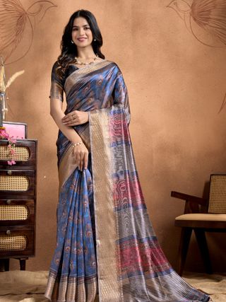 Navy Blue Linen Cotton Saree with Floral Stripe Border