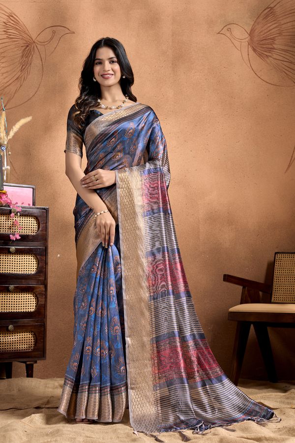 Navy Blue Linen Cotton Saree with Floral Stripe Border