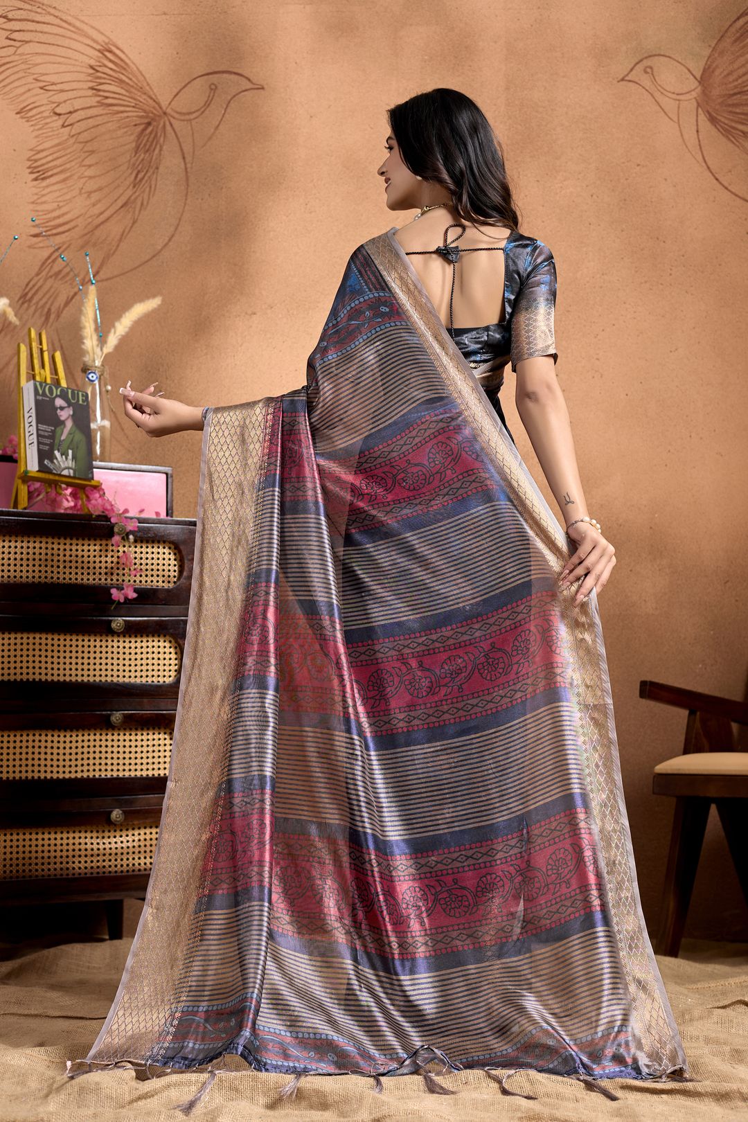 Navy Blue Linen Cotton Saree with Floral Stripe Border