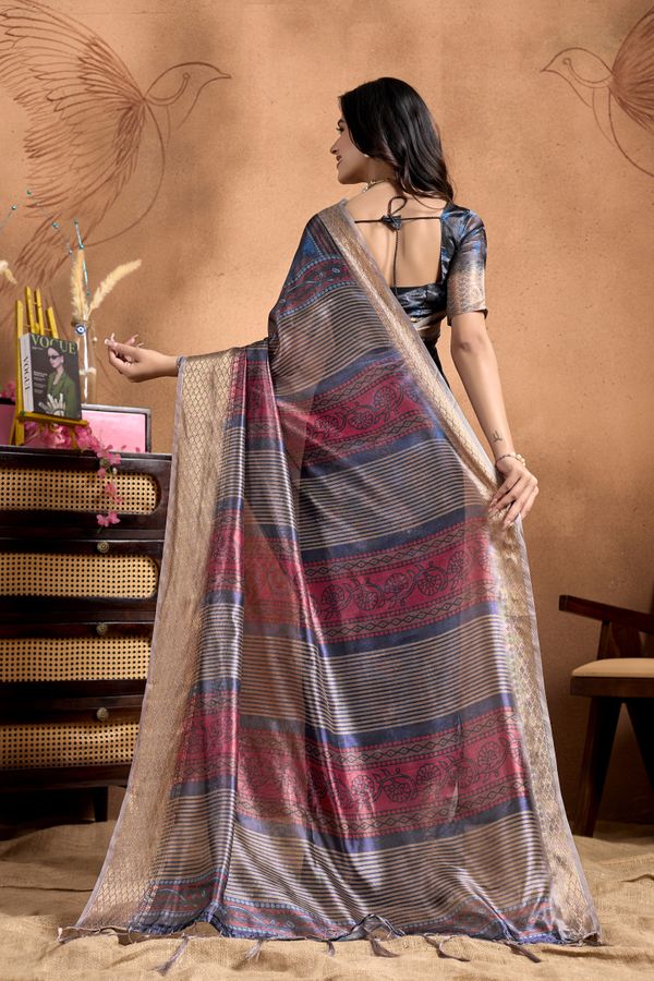 Navy Blue Linen Cotton Saree with Floral Stripe Border