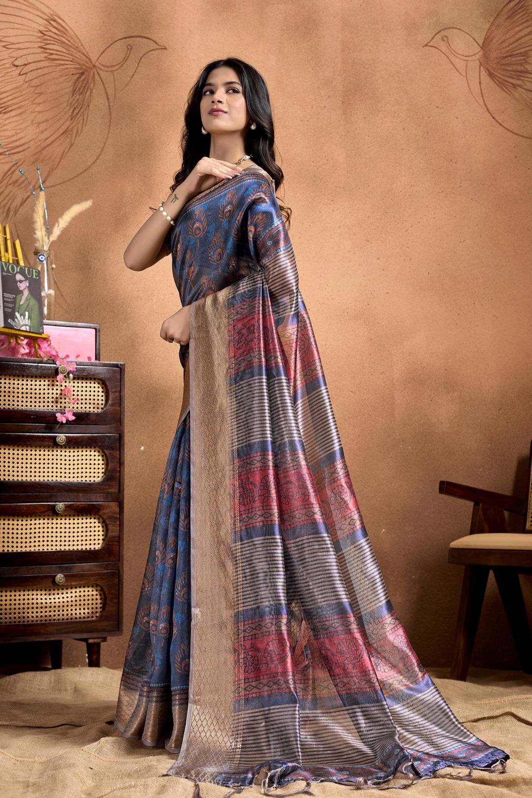 Navy Blue Linen Cotton Saree with Floral Stripe Border
