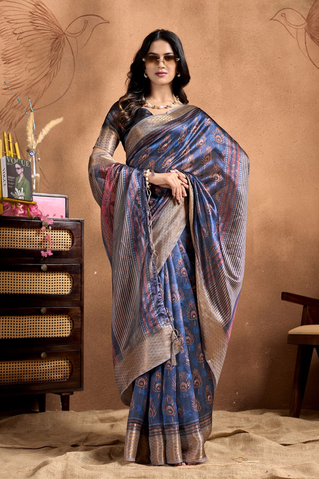 Navy Blue Linen Cotton Saree with Floral Stripe Border