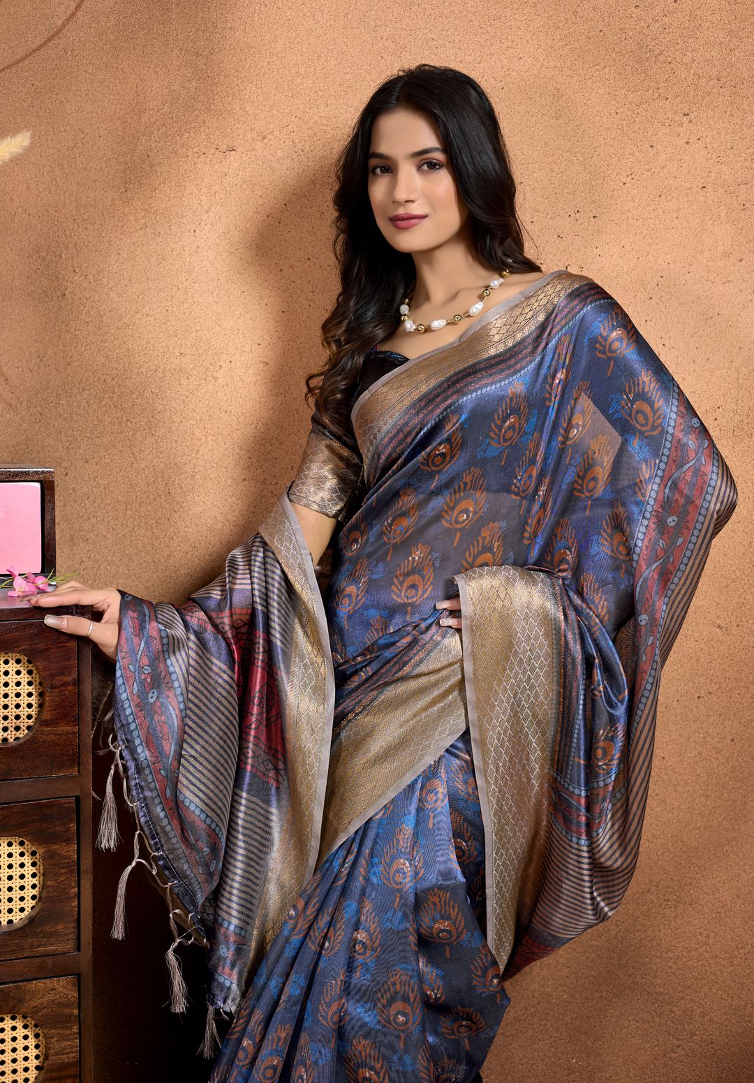 Navy Blue Linen Cotton Saree with Floral Stripe Border
