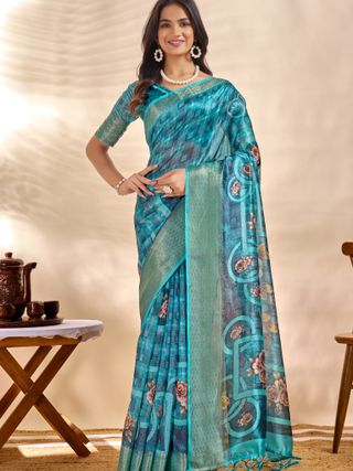 Teal Linen Cotton Saree with Floral Checks and Tassel Border