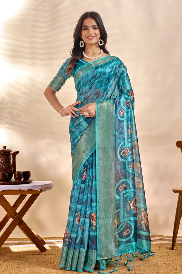 Teal Linen Cotton Saree with Floral Checks and Tassel Border