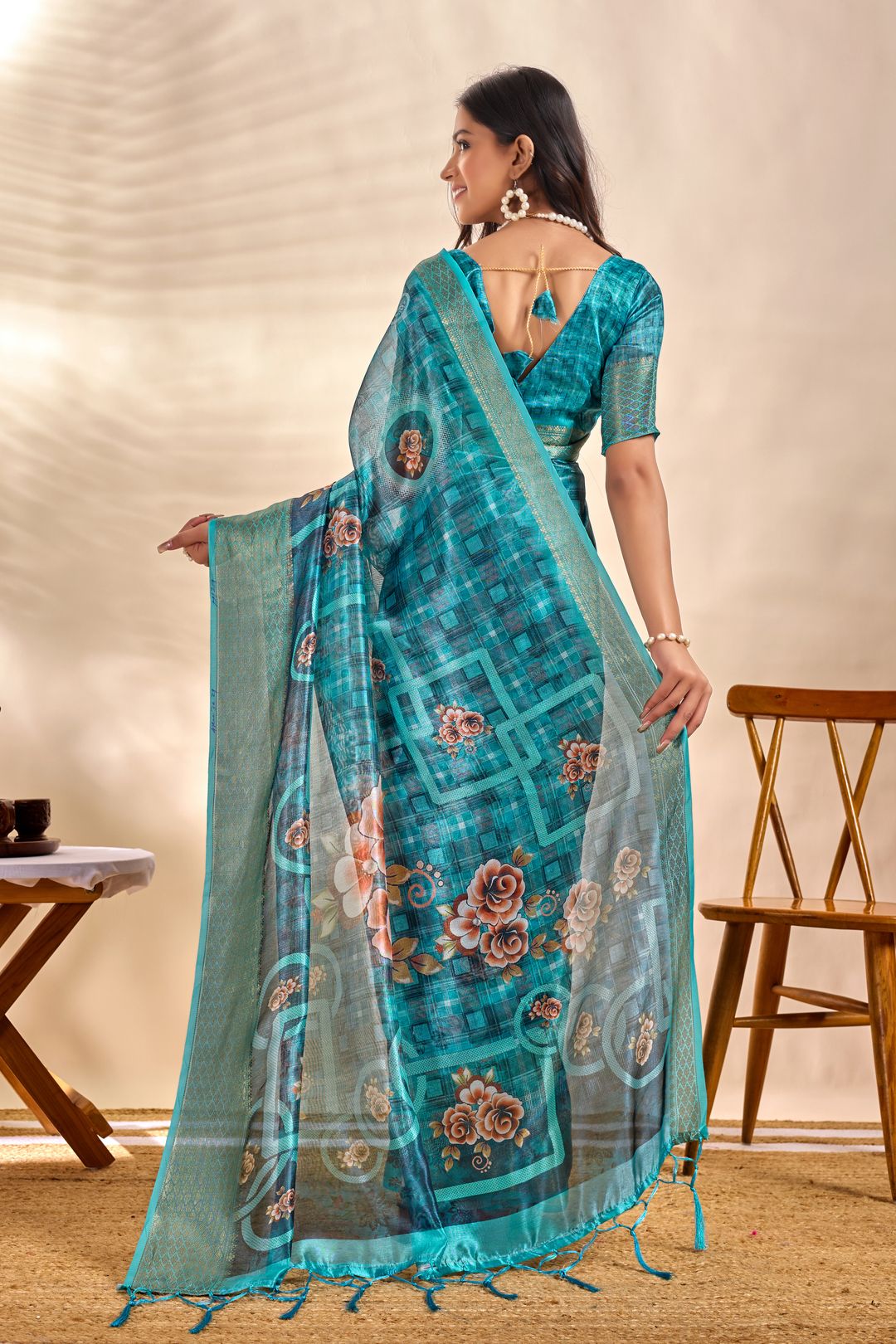 Teal Linen Cotton Saree with Floral Checks and Tassel Border