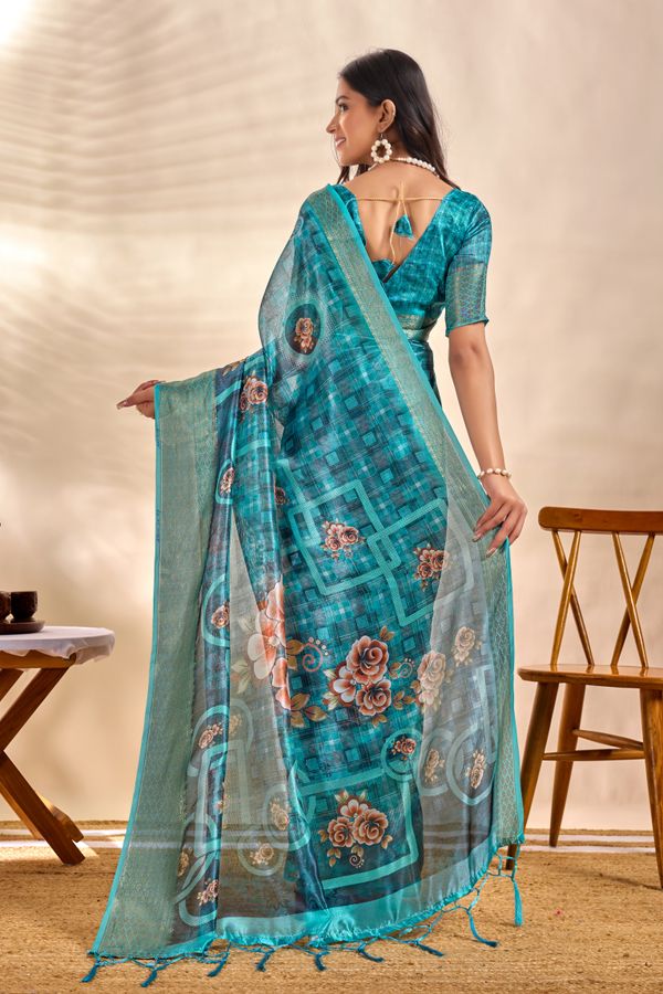Teal Linen Cotton Saree with Floral Checks and Tassel Border