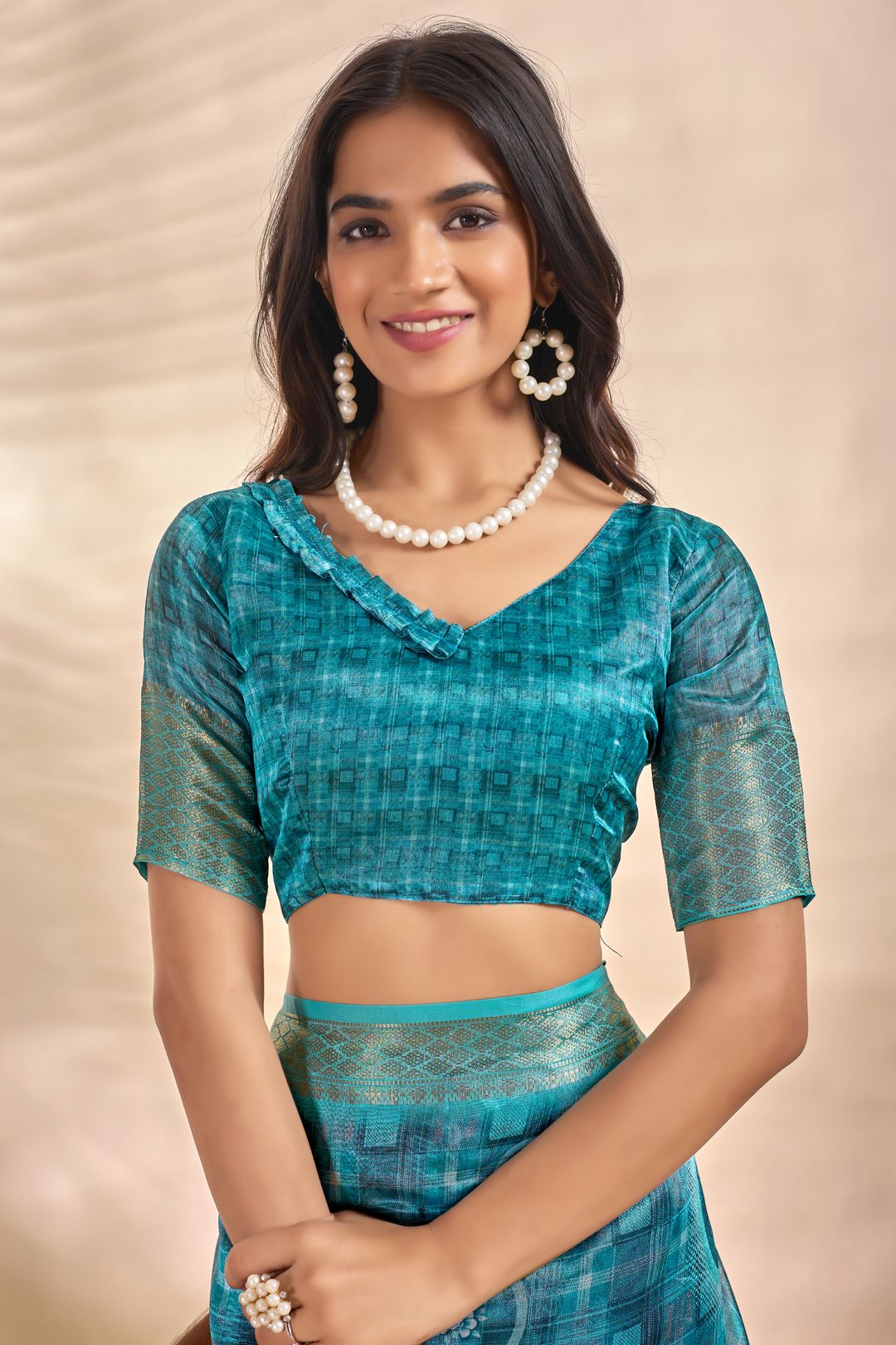 Teal Linen Cotton Saree with Floral Checks and Tassel Border