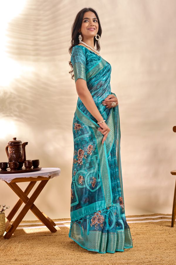 Teal Linen Cotton Saree with Floral Checks and Tassel Border