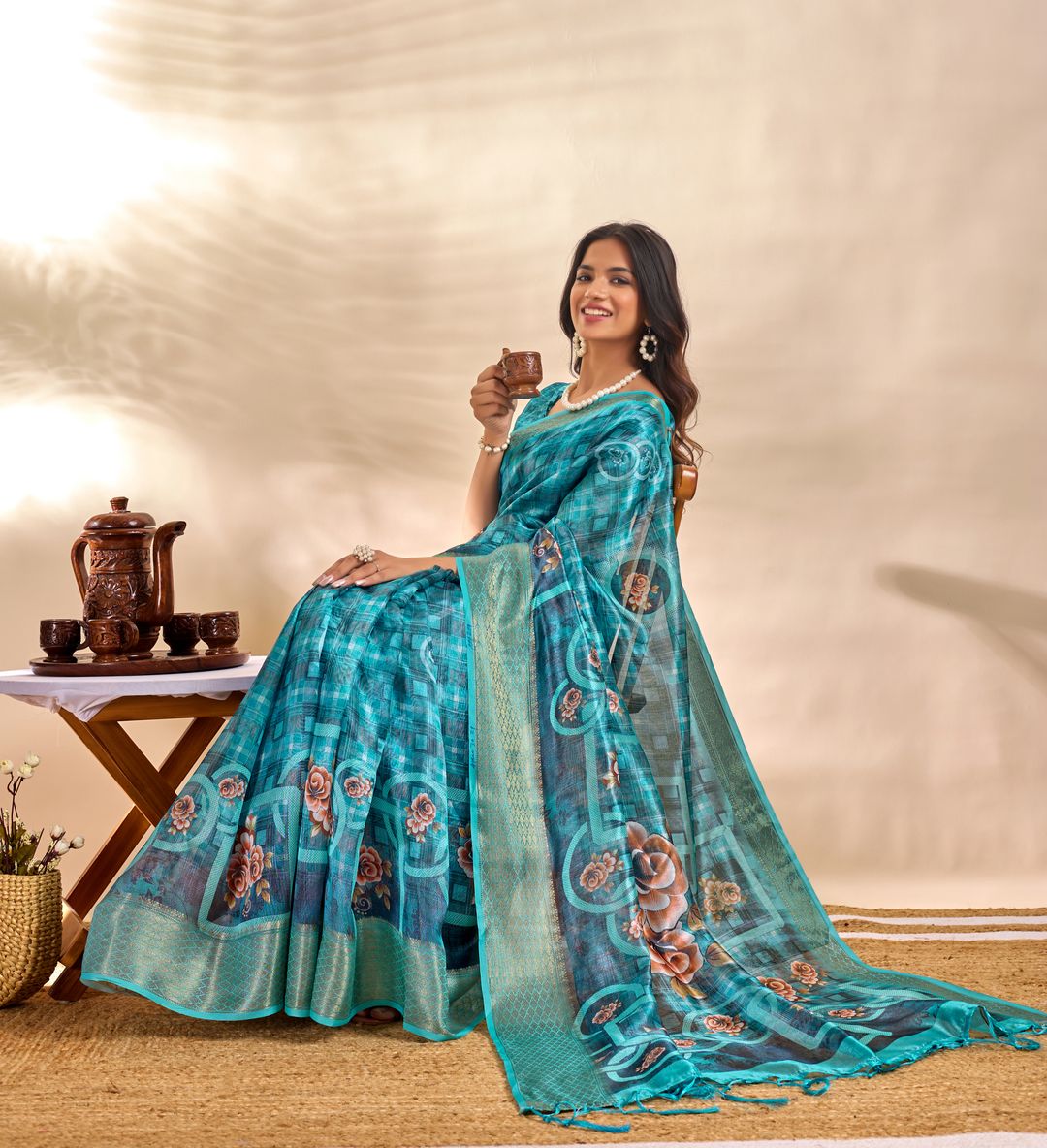 Teal Linen Cotton Saree with Floral Checks and Tassel Border