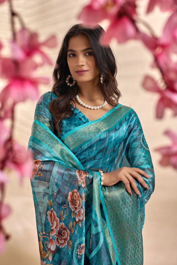 Teal Linen Cotton Saree with Floral Checks and Tassel Border