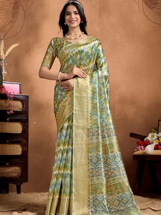 Pista Green Linen Cotton Saree with Zigzag Pattern Border