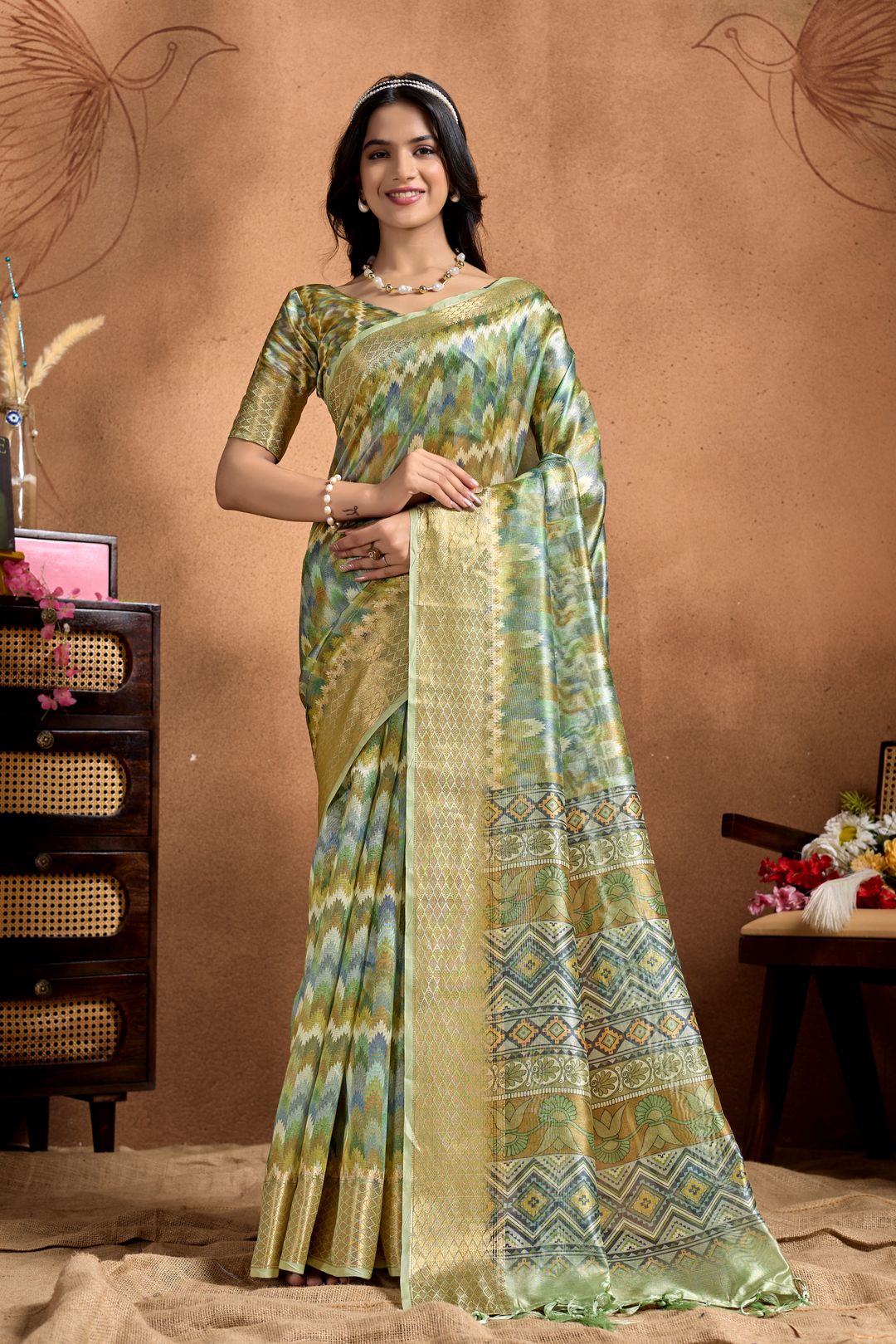Pista Green Linen Cotton Saree with Zigzag Pattern Border