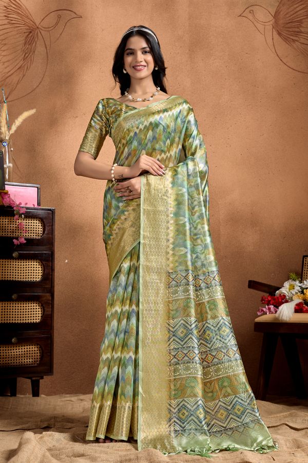 Pista Green Linen Cotton Saree with Zigzag Pattern Border