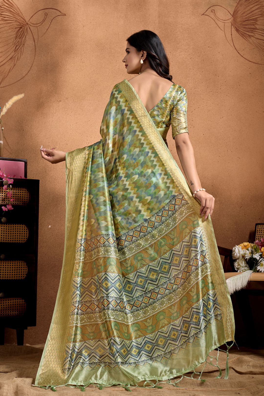 Pista Green Linen Cotton Saree with Zigzag Pattern Border