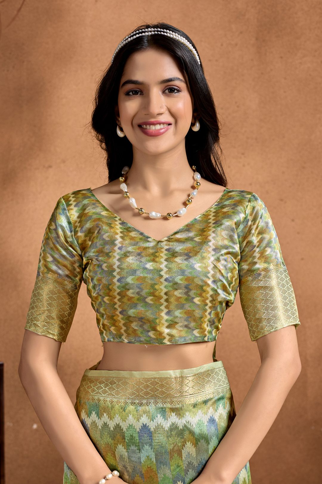 Pista Green Linen Cotton Saree with Zigzag Pattern Border