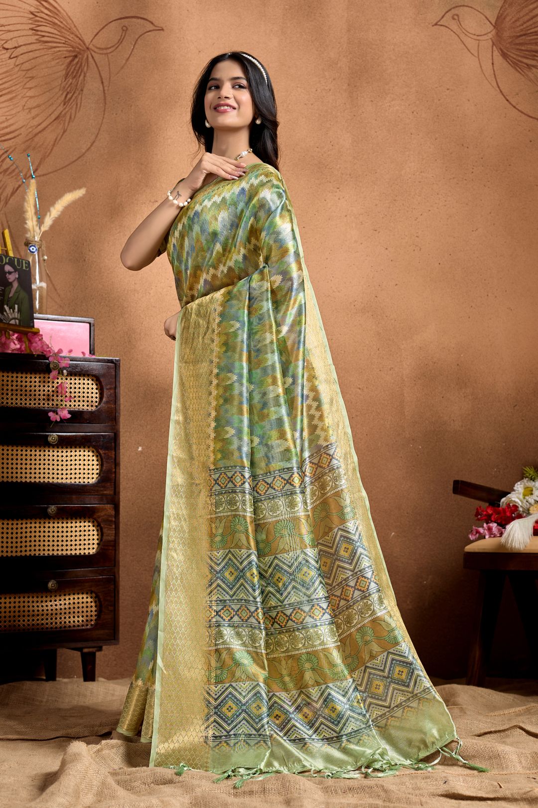 Pista Green Linen Cotton Saree with Zigzag Pattern Border