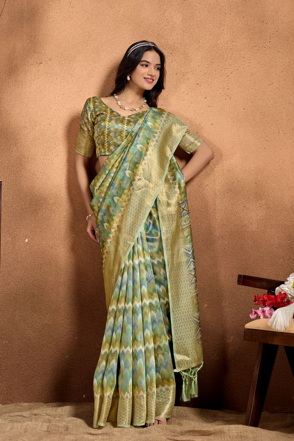 Pista Green Linen Cotton Saree with Zigzag Pattern Border