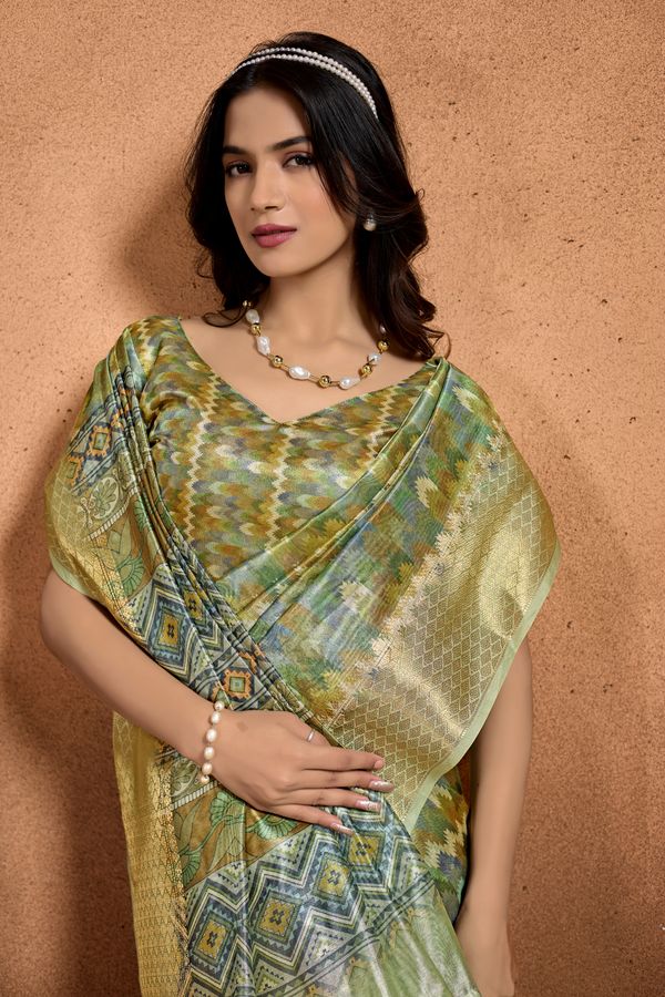 Pista Green Linen Cotton Saree with Zigzag Pattern Border