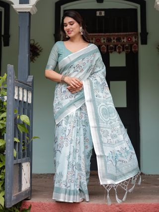 Sky Blue Floral-Print Linen Cotton Saree with Plain Border