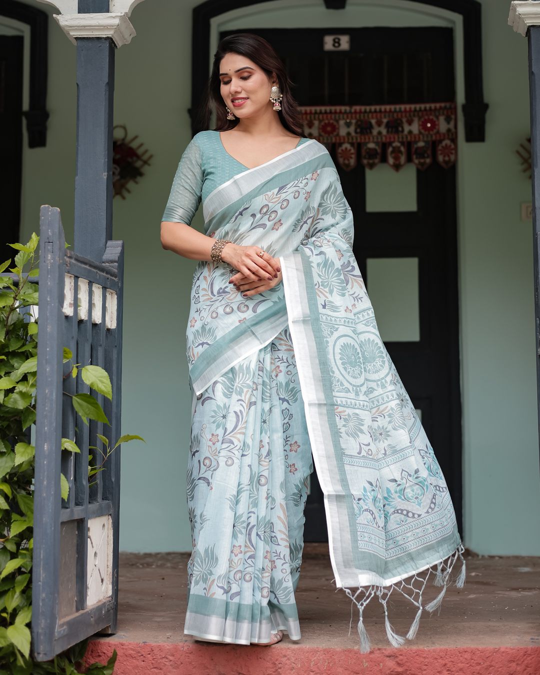 Sky Blue Floral-Print Linen Cotton Saree with Plain Border